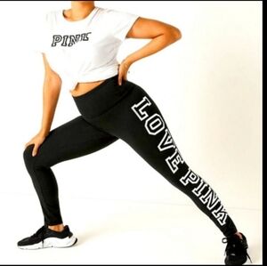PINK VS Cotton Fold over Leggings Blk/Silver Foil Block Logo NWT NIP